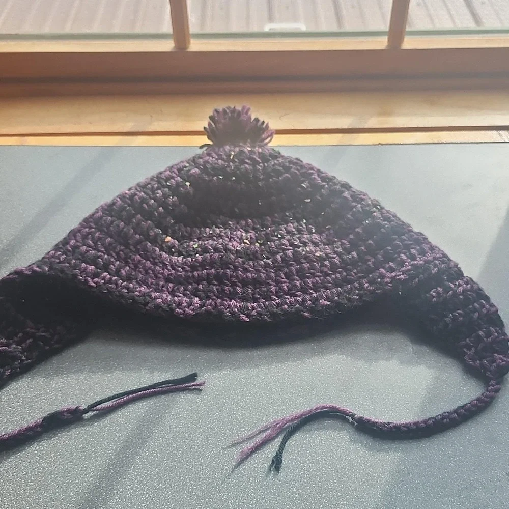 Handmade‎ Purple and Black Crochet Hat with Ear Flaps and Pom-Pom